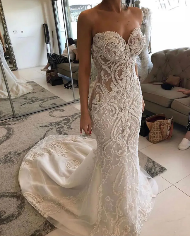 Vintage Luxurious Lace Beaded Wedding Dresses Mermaid Sweetheart Bridal Dresses | eBay Vintage Luxurious Lace Beaded Wedding Dresses Mermaid Sweetheart Bridal Dresses | eBay