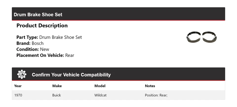 Juego de zapatas de freno de tambor traseras para Buick Wildcat Bosch 1970 Foto 2 de 4