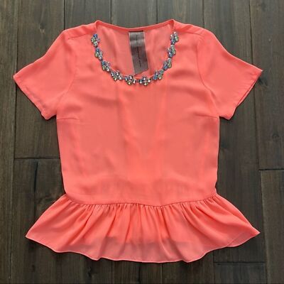 Moon Collection Flourescent Peach Preppy Glam Bejeweled Blouse S