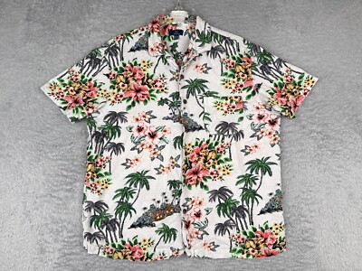 George Shirt Adult Large White Pink Floral Palm Print Button Up Hawaiian Rayon