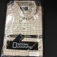 National Geographic Branded Mens Button Shirt SizeXL Tattersal Light Beige Plaid