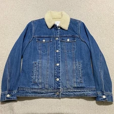 Old Navy Womens Medium Trucker Jacket Blue Denim Sherpa Line Button Front 90s