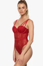 Jezebel Anika Lace Bodysuit, Thong Back with Push Up Bra RED Size Small New 4/6