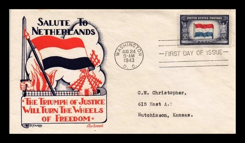 FLEETWOOD US WWII COVER FIRST DAY OF ISSUE SALUTE TO NETHERLANDS