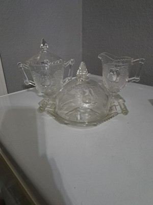 Vtg Jeannette Glass Baltimore Pear Butter Dish Creamer Sugar Set 3Pc Label Clear