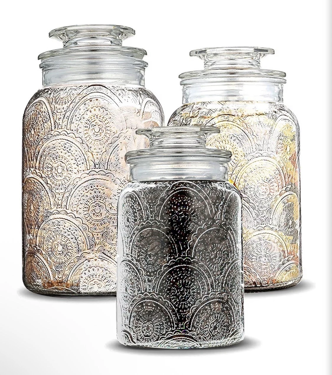Le'raze Glass Canister Set w/ Airtight Lids, Clear, Embossed, 3-Piece, 12 in