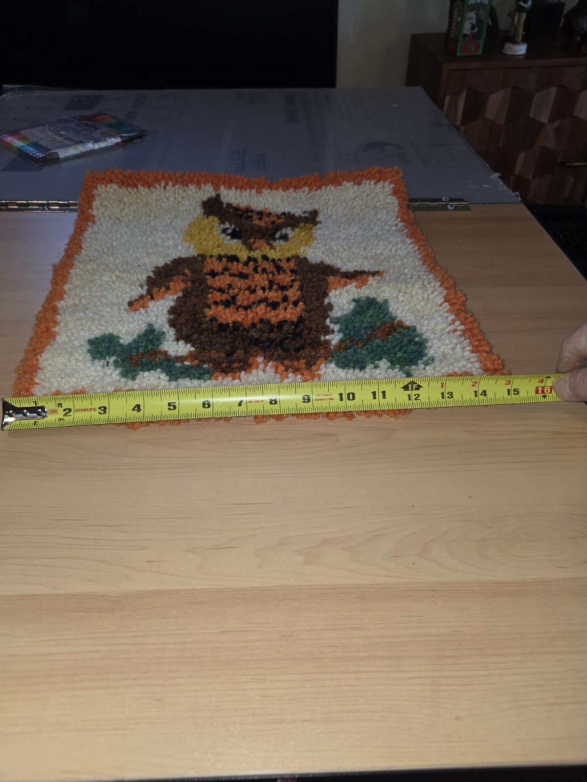 Vtg MCM Owl Latch Hook Rug COMPLETED