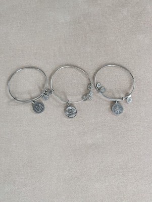 Set of 3 Alex and Ani Silver Bracelets: Love, Live in the Moment, Seven Swords