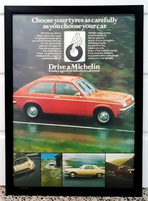 Gerahmte Original Oldtimer Anzeige für Michelin & Vauxhall Chevette von 1976