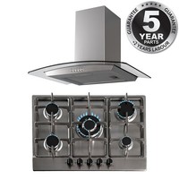 SIA 70cm Stainless Steel 5 Burner Gas Hob And Curved Glass Cooker Hood Extractor