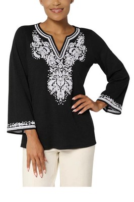 Belle by Kim Gravel Women's Slub Knit Santorini Embroidered Top Blk