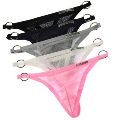 Sexy Low Rise Breathable Running Mesh Underpants Metal Ring Man Thong Underwear