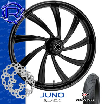 Rotation Juno Gloss Black Custom Motorcycle Wheel Package Harley Touring 21''
