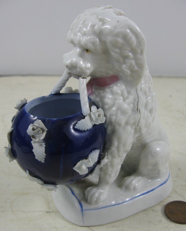 Antique 19th Century 4 1/2” Porcelain Poodle Dog With Basket