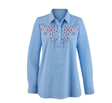 Collections Etc Embroidered Chambray Popover Blouse-Large-Quilt-Country-Roll Tab