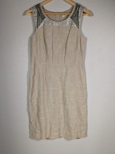 Loft sleeveless beige 100% linen dress Sz 2 Beaded With Sequins Contemporary N94