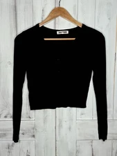 Joah Brown Henley Black Ribbed Raw Edge Long Sleeve Crop Cropped Top Shirt OS
