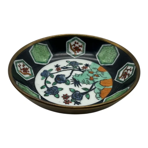Vintage Chinese Brass Encased Hand Painted Porcelain Bowl Blue Hexagon Floral