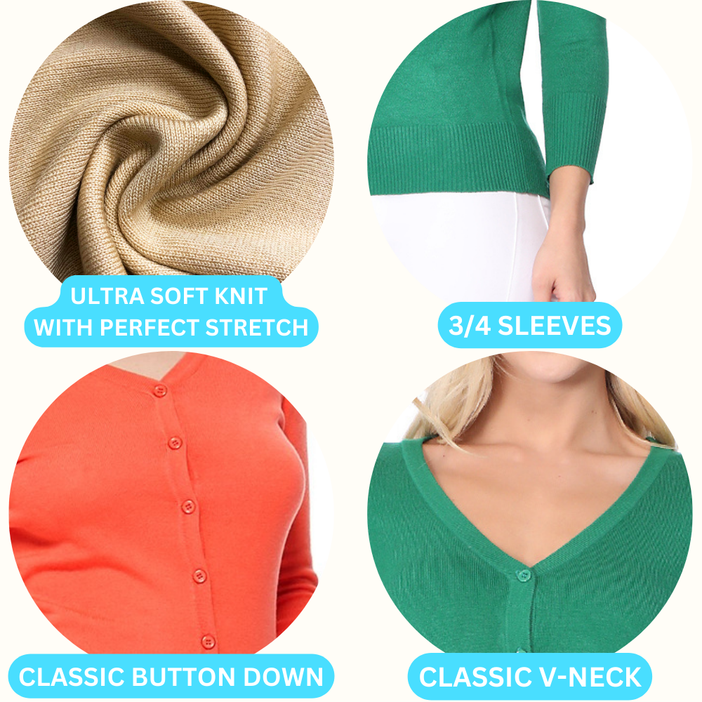 YEMAK Women's V-Neck 3/4 Sleeve Cardigan Sweater | Button Down Knit Casual Layering Piece