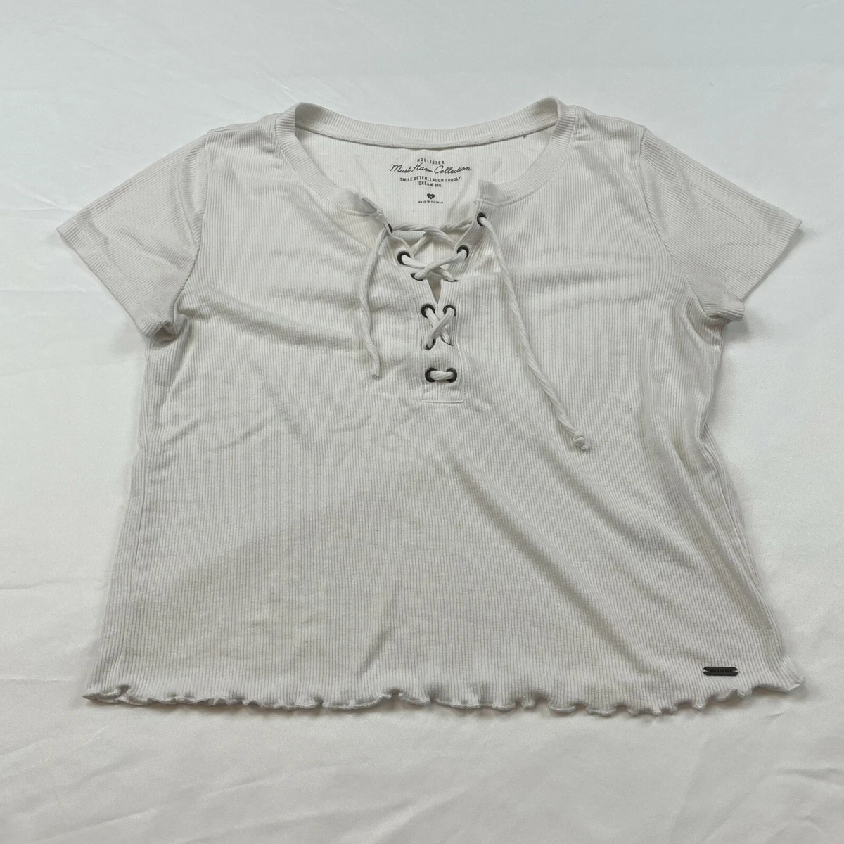 Hollister Shirt Girls Kids Youth Medium White Must Have Cltn Ribbed Lace Up  Neck