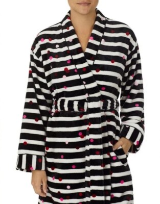 NWT Kate Spade LS Short Robe XS/S Black Stripe Confetti Dots Plush