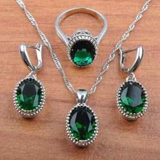 14K White Gold Plated 3Ct Lab Created Green Emerald Oval Cut Women's Jewelry Set