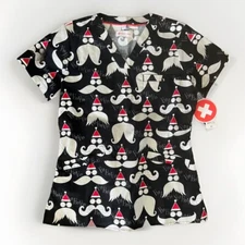 White Cross Scrub Top Santa Clause Christmas Ho Ho Ho Holiday Womens XS NEW