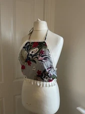 Ladies V Blue Pink floral handkerchief cropped strappy vest top Size 10 Holiday 