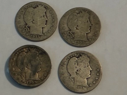 Barber Quarter Lot of 4 circulated- 90% 1908 D 1909 D 1914 P 1915 S