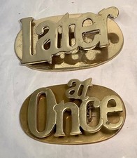 Lot of 2 Vintage Brass Spring Loaded Clip Paper Holders "At Once" & "Later"