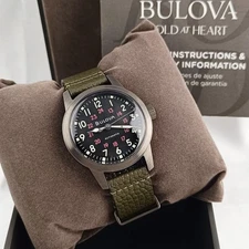 Bulova Hack 98A255 Black Dial Green Leather Strap Automatic Men's Watch