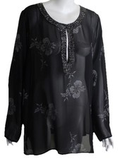 NWT Susan Graver Sz XL Black Floral Beaded Chiffon Topper Blouse Shirt Top