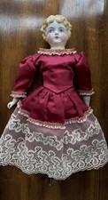 Vintage Porcelain German China Head Doll Blonde Blue Eyed Satin Dress 20 READ