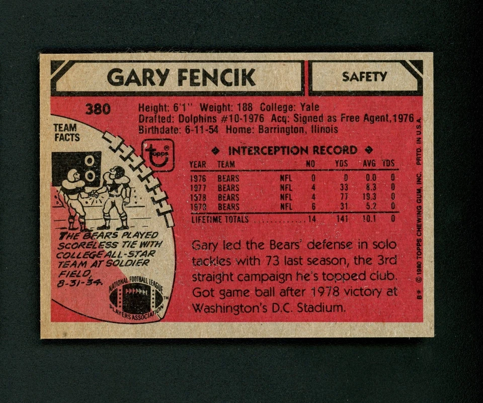 Gary Fencik 1980 Topps - Chicago Bears #380 MINT - Image 2 of 2