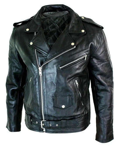 Men's Motorcycle Leather jacket Genuine Buffalo Skin Brando Style Black Biker image 2