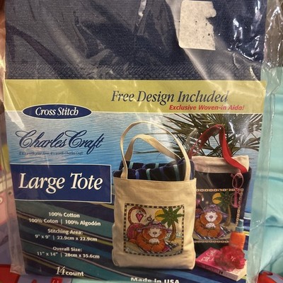 Charles Craft Large Tote Bag, Cross Stitch, NEW in Package, Woven in Aida Denim
