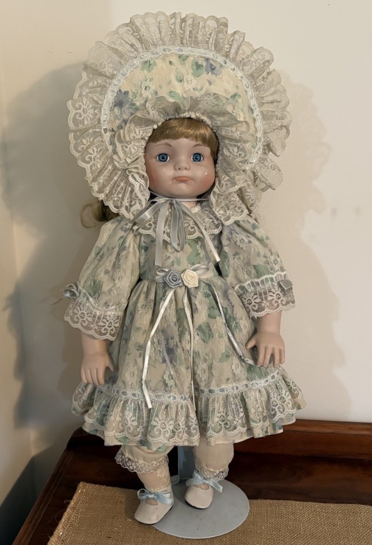 Beautiful Classic 18” Porcelain Blue Eye With Tear Doll Blonde Hair