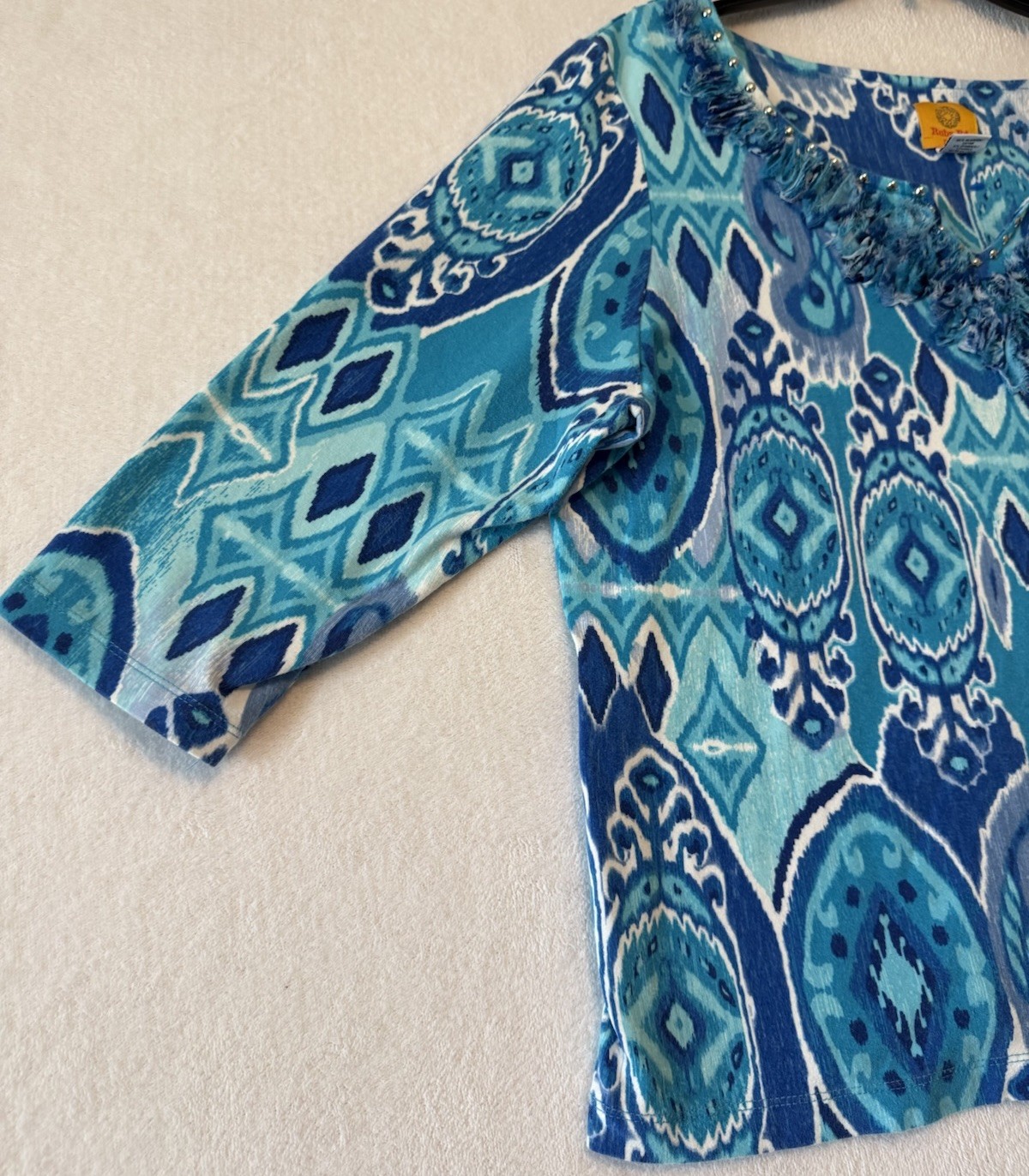 Ruby Rd Beaded Neck Top Blue Womens Size PXL Prin… - image 5