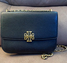 Tory Burch Black Pebbled Logo Small Shoulder Bag Gold Chain Strap