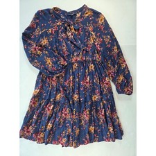 American Eagle Floral Tie Neck Tiered Mini Dress Navy Blue Boho Long Sleeve M