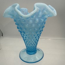 Fenton Vintage Blue Opalescent Glass Hobnail Ruffled Trumpet Vase 5.5in