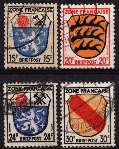 GERMANY French Zone 1945/1946 - Used 15/20/24/30 Pfg Coat of Arms #DRF