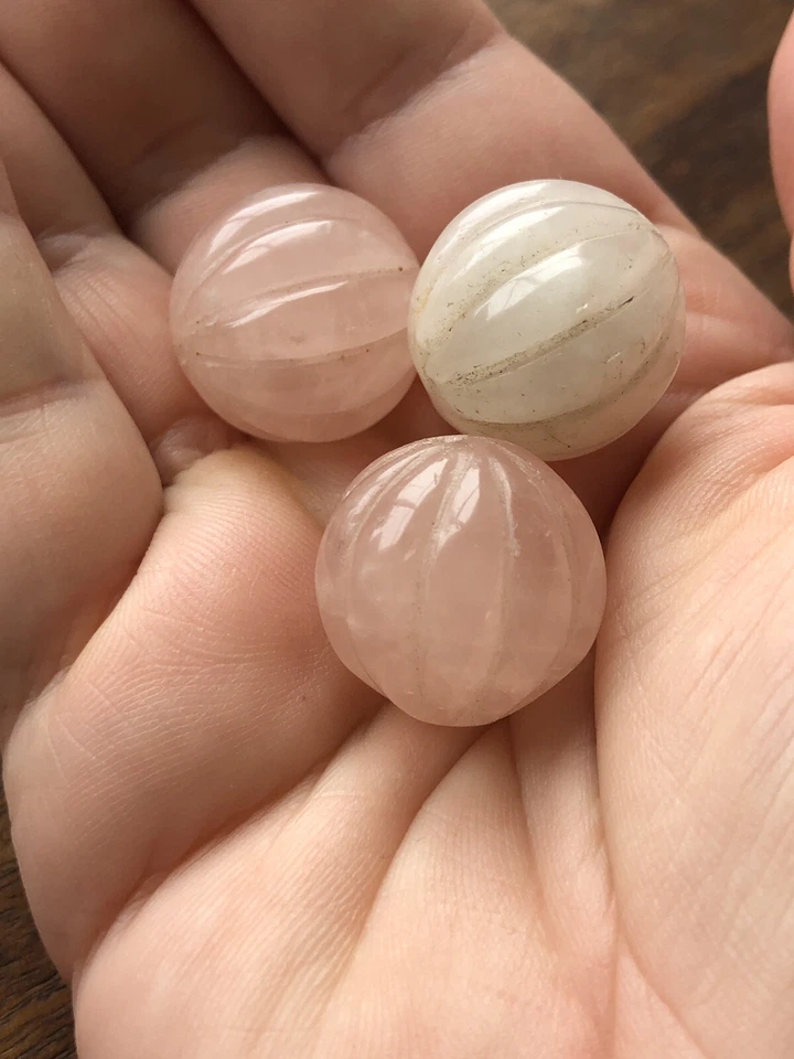 Old Stock Genuine Carved Rose Quartz Stone Pumpkin Beads Lot Of 3 20mm - Image 4 of 4