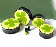 PAIR Four Leaf Clover Plugs Logo Double Flare Saddle Shamrock St. Patricks Day