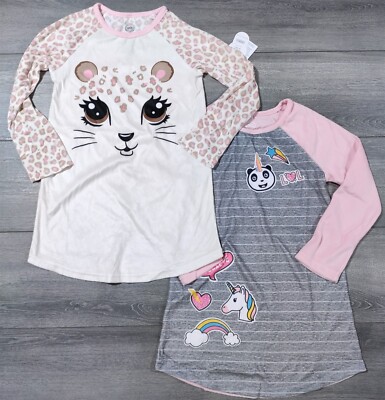 Girls Small 6-6X Nightgown 2-Pack Cheetah Emoji Unicorn Rainbow Sleep Shirt Gift