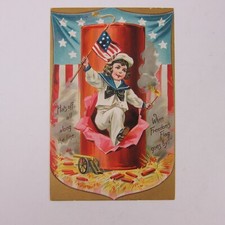 Postcard Independence Day 4th July Boy Sailor Suit Firecrackers Flag Antique