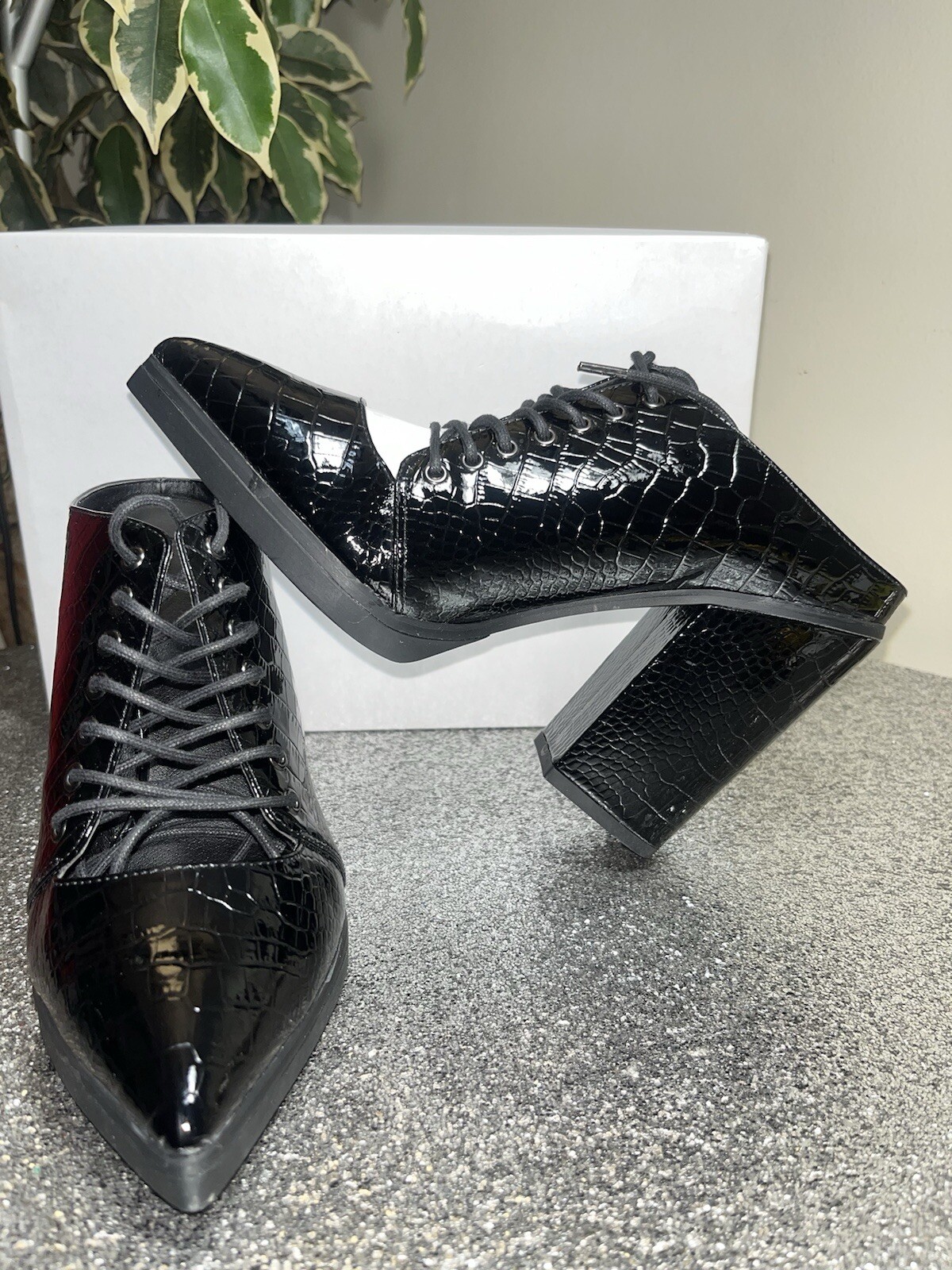Calvin Klein Women’s Black Croc Textured Lace-Up Pointed Toe Mules Overheard