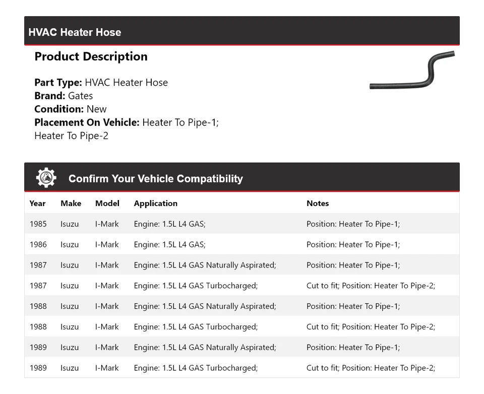 Puertas de manguera de calefacción de climatización Isuzu I-Mark 1985-1989 1986 1987 1988 Foto 2 de 4