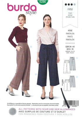 Burda 6286 Wide Legged Pants, Full Length or Cropped Sz 8-18 UNCUT Pattern