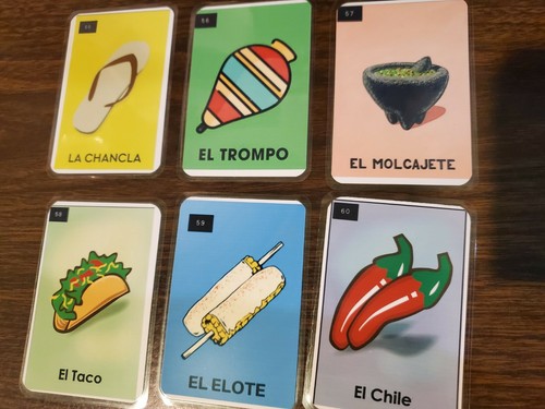 6 NEW Loteria CHANCLA TROMPO MOLCAJETE TACO ELOTE CHILE 55 TO 60 CARDS AND GEMS - Picture 2 of 4